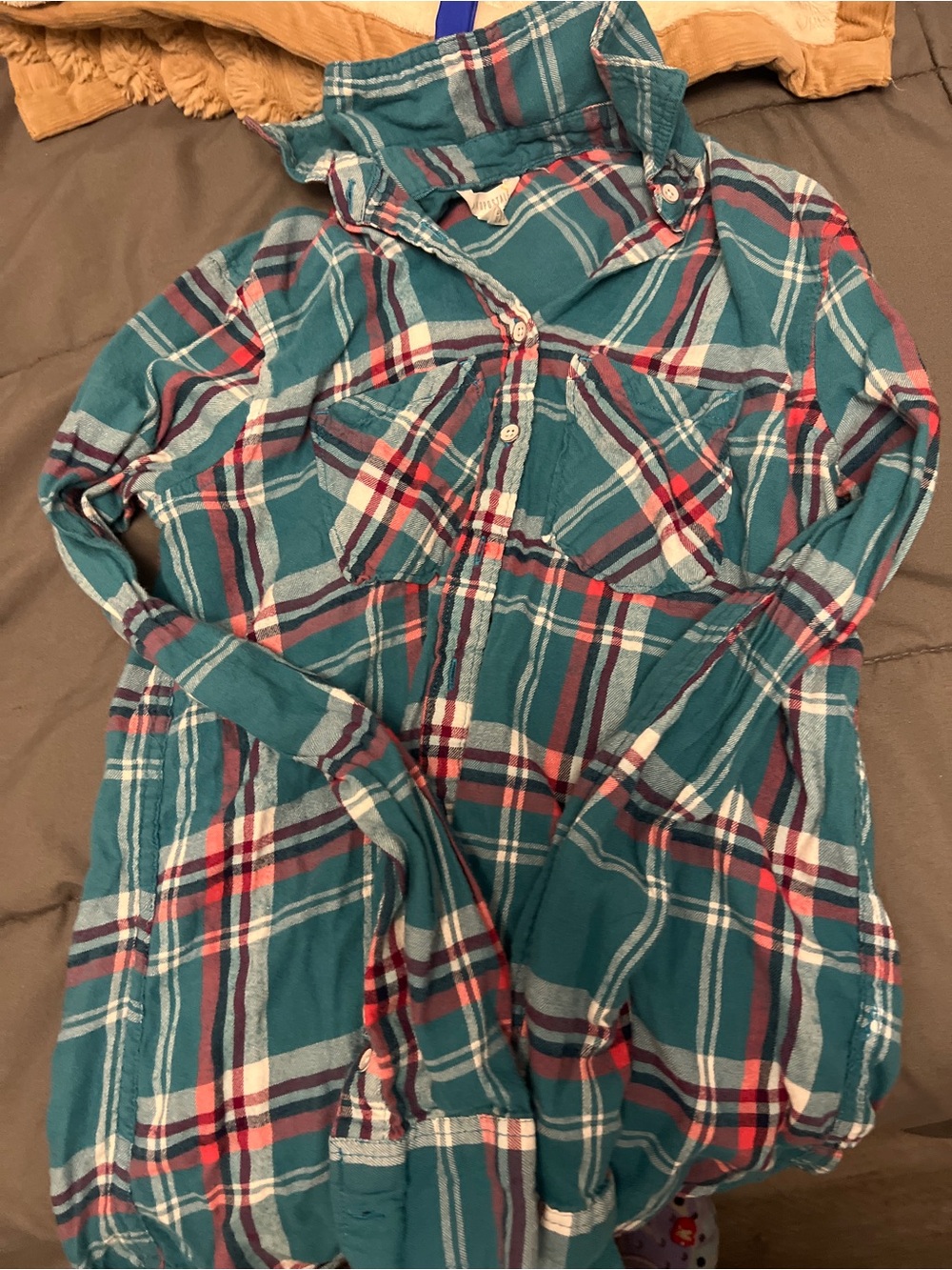 Aeropostale Teal Plaid Button-Up Shirt with Red and White Accents